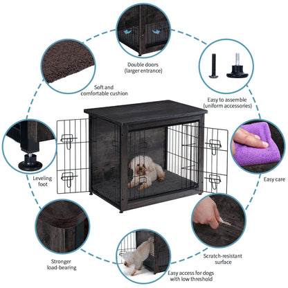 DWANTON Dog Crate Furniture with Cushion, Wooden Crate with Double Doors, Dog Kennel Indoor for Small/Medium/Large Dog, End Table, Small, 27.2" L, - WoodArtSupply