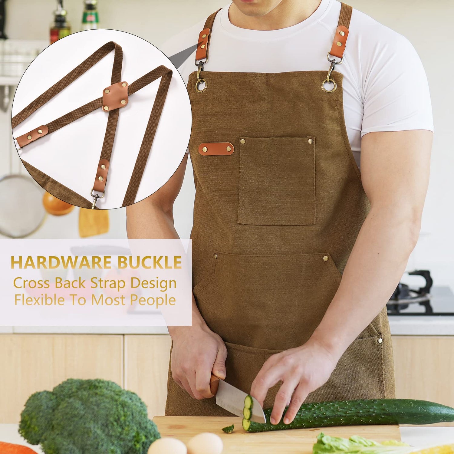 Aoomzoon Canvas Aprons for Men Chef Apron, Work Apron with Large Pockets - Durable 16oz Heavy Duty Cross Back, BBQ, Cooking (Brown, 1 Pack) Aoomzoon