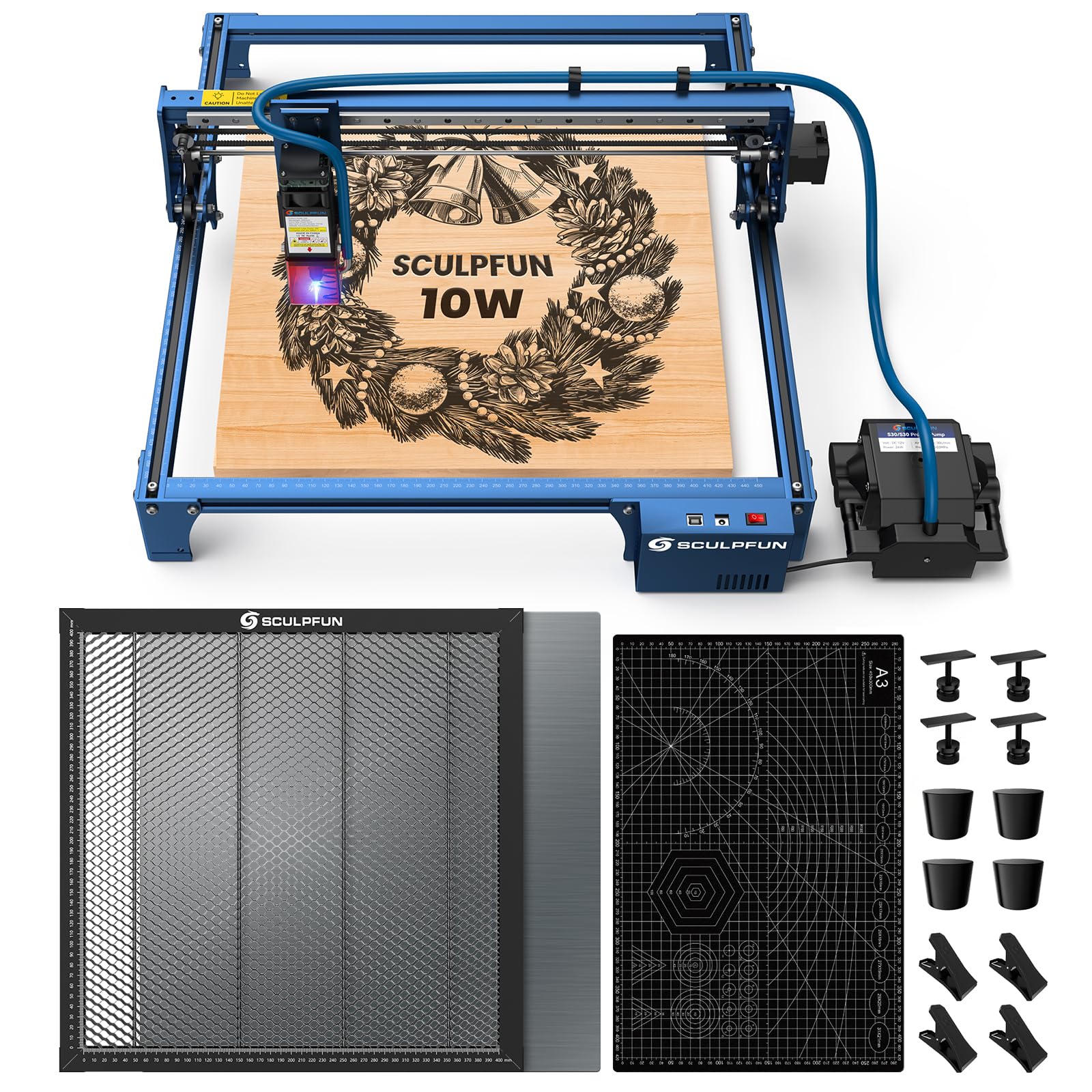 SCULPFUN S30 Pro 10W Laser Engraver with Auto Air Assist & and Honeycomb Laser Bed 17.7"x 17.7" with Clamps and Raisers… - WoodArtSupply