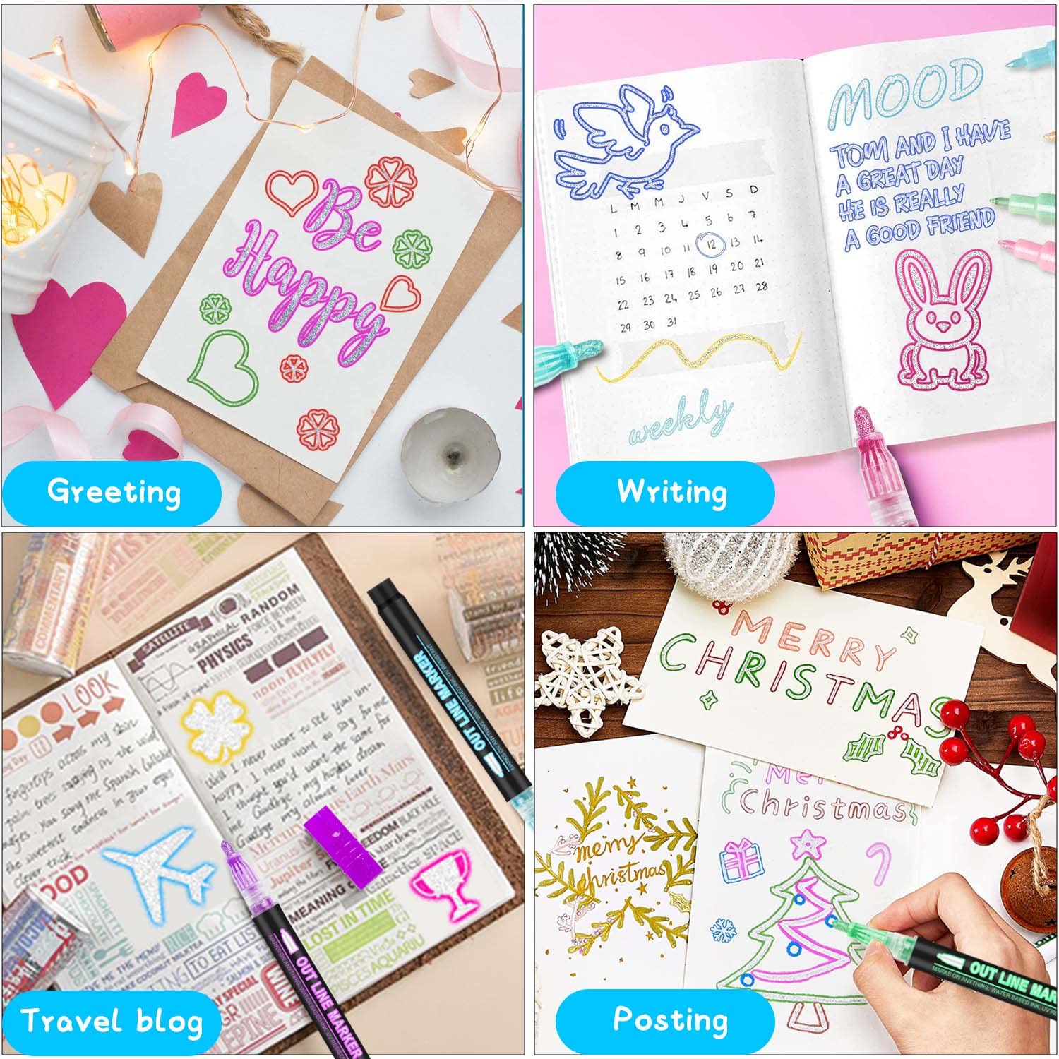 Double Line Outline Markers, 48Colors Super Squiggles Shimmer Outline Marker Pen Set, Self Outline Metallic Markers Glitter Writing Drawing Pens for Hoxida