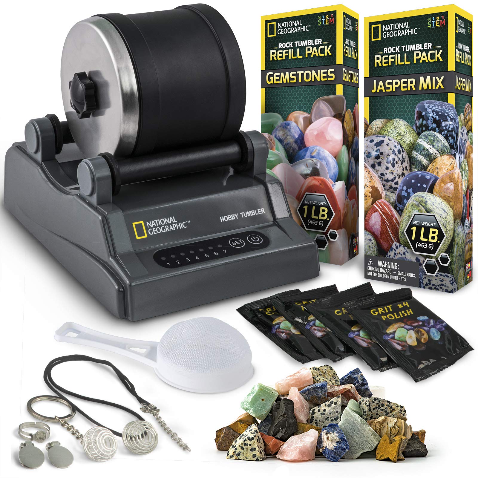 NATIONAL GEOGRAPHIC Hobby Rock Tumbler Kit - Rock Polisher for Kids & Adults, Noise-Reduced Barrel, Grit, 2 Pounds Jasper & Gemstone, New GemFoam for - WoodArtSupply