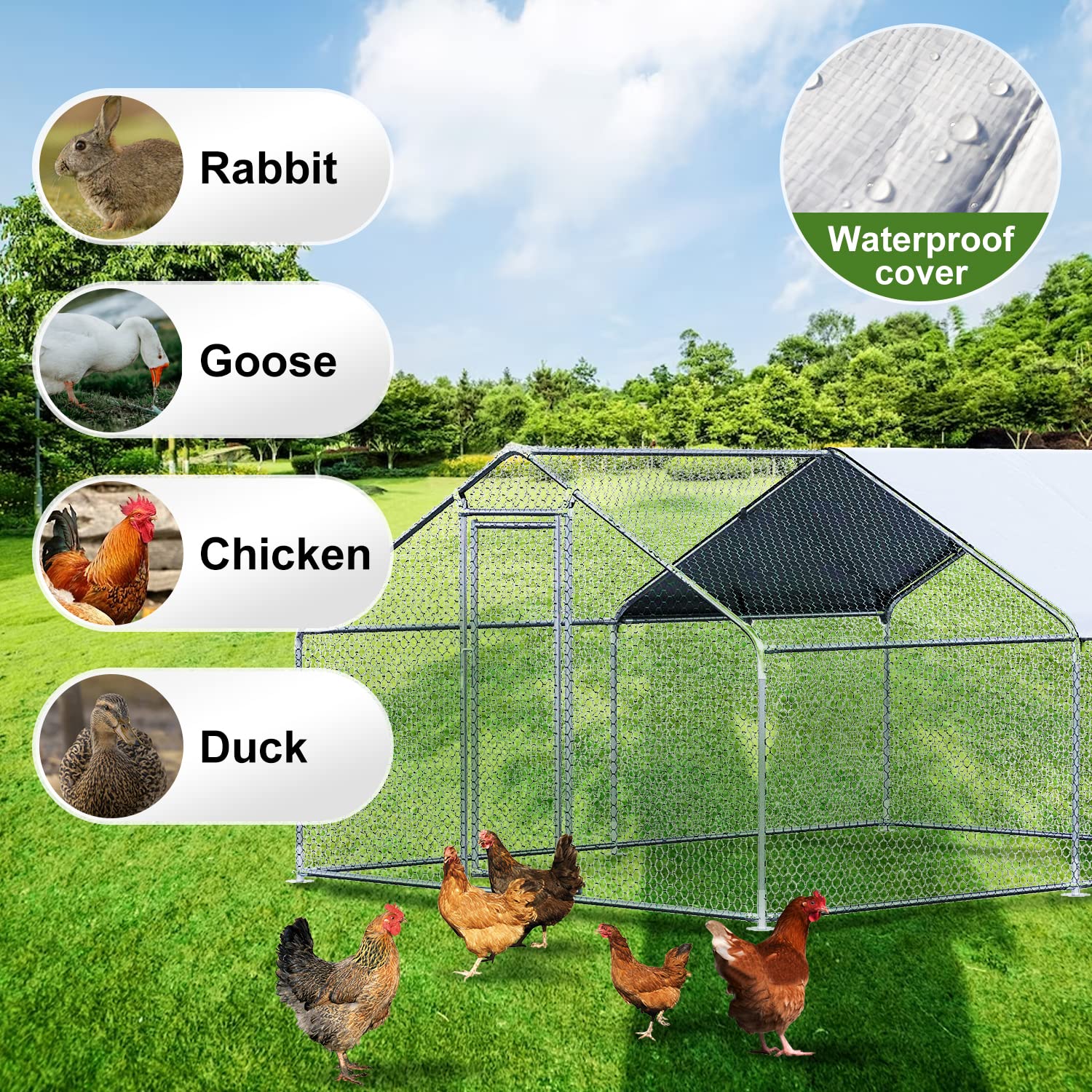 Chicken Coop Large Metal Chicken House Chicken Pen Outdoor for More Than Chickens Poultry Cage with Waterproof Cover for Rabbits Duck Walk-in Chicken CHIKENCOOP