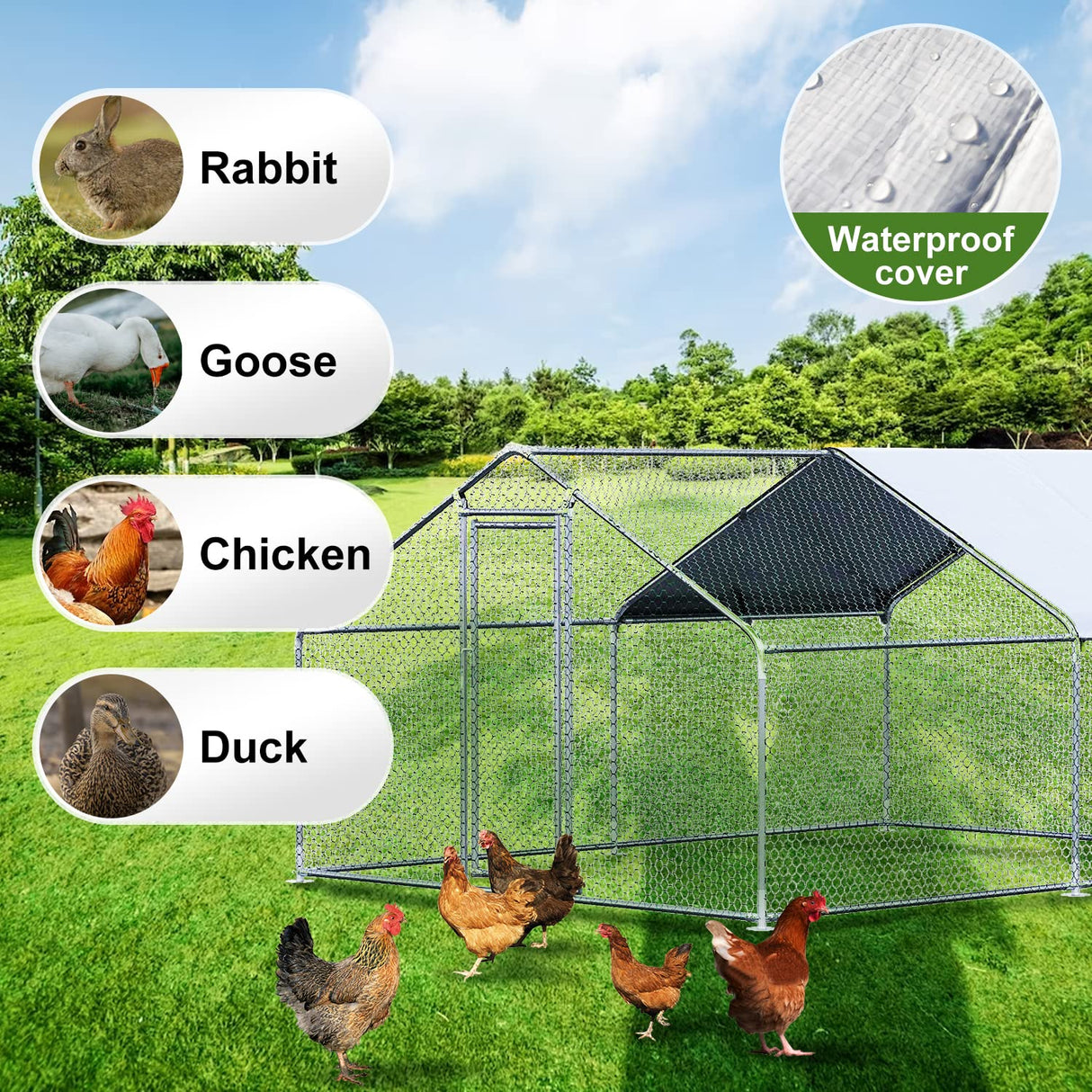 Chicken Coop Large Metal Chicken House Chicken Pen Outdoor for More Than Chickens Poultry Cage with Waterproof Cover for Rabbits Duck Walk-in Chicken CHIKENCOOP