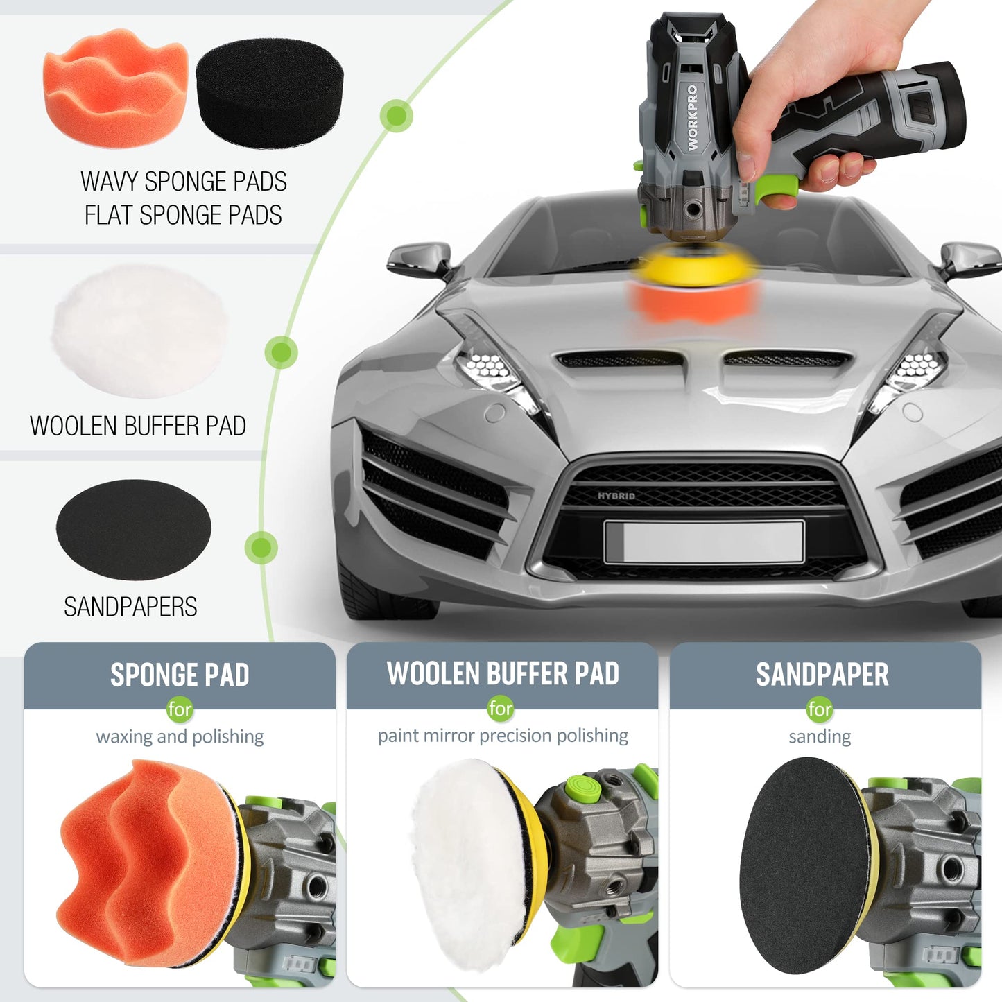 WORKPRO 12V Cordless Polisher, 3" Mini Car Detailing Buffer & Sander Machine Kit with 2 Li-Ion Batteries, Variable Speed Trigger for Auto/DIY