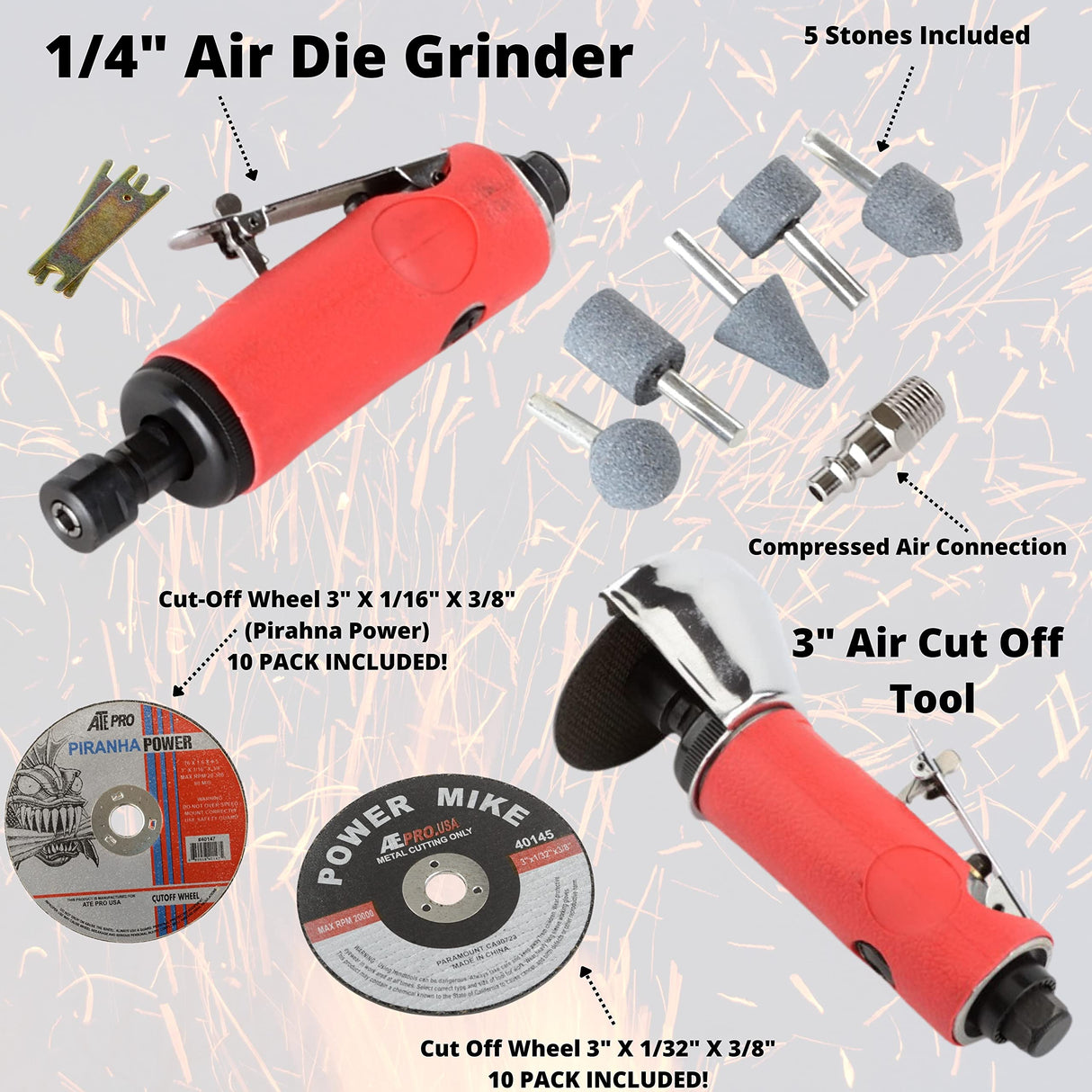 ATE Pro.USA 1/4" Air Die Grinder, 3" Air Cut Off Tool, Cut-Off Wheel 3" X 1/16" X 3/8", 3" X 1/32" X 3/8", Pneumatic, Air-Powered Die Grinder, My Bestie