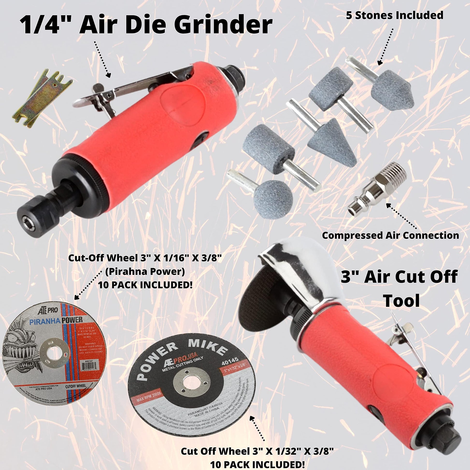 ATE Pro.USA 1/4" Air Die Grinder, 3" Air Cut Off Tool, Cut-Off Wheel 3" X 1/16" X 3/8", 3" X 1/32" X 3/8", Pneumatic, Air-Powered Die Grinder, - WoodArtSupply