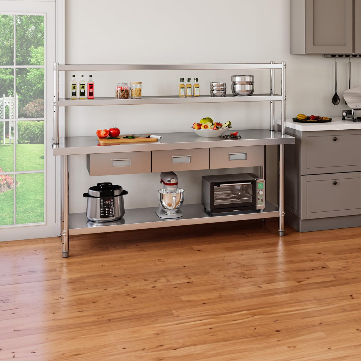 YITAHOME 72" X 24" Stainless Steel Table with Overshelves & Drawers, Work Table with 72" X 12" Shelf & 3 Drawers, Metal Table Prep Table for Home YITAHOME