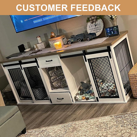 Extra Large Dog Crate Furniture, 85" Sliding Door Double Kennel for 2 Large Dogs Divided, Heavy Duty Wooden Dog Crate Kennel Furniture with 4 Dog okcomuy