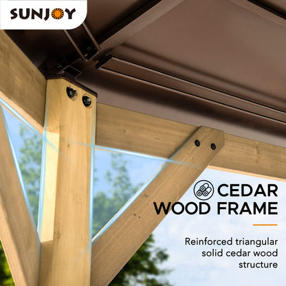 Sunjoy Ion Collection 13 x 13 ft. Cedar Framed Octagon Wood Gazebo with Brown Double Tiered Steel Hardtop Roof and Ceiling Hook for Garden, Backyard - WoodArtSupply