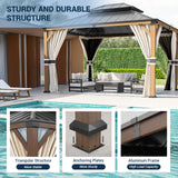 UDPATIO 10' x 12' Hardtop Gazebo, Wood Grain Finish Aluminum Frame Outdoor Gazebo with Galvanized Steel Double Roof, Metal Gazebo Canopy with Curtain UDPATIO