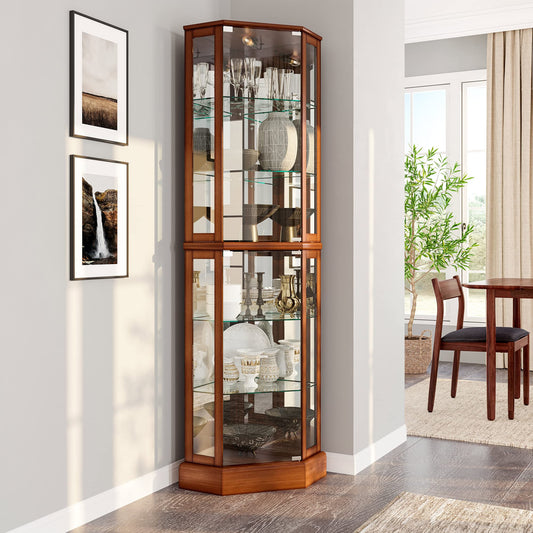 BELLEZE Lighted Curio Cabinet Corner Display Case for Living Room, China Hutch with Tempered Glass Doors and Shelves, Wooden Accent Cabinet, Bar and