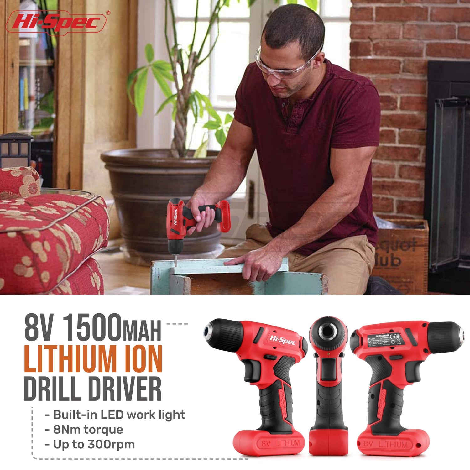 Hi-Spec 58pc Red 8V Electric Drill Driver & Household Tool Kit Set. A DIY Cordless Power Screwdriver Hi-Spec