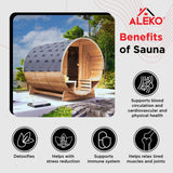 ALEKO Barrel Sauna with Front Porch Canopy | Rustic Cedar Wood | Wet Dry Indoor Outdoor | 3-4 Person Sauna | UL Certified 4.5 kW Harvia Sauna Heater ALEKO