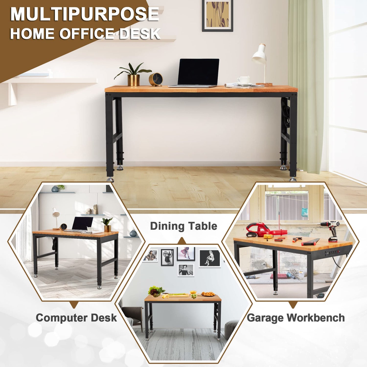 HABUTWAY Height Adjustable Workbench 48" 2000 Lbs Capacity Oak Wood Work Station Heavy-Duty Work Benches with Power Outlets for Garage Party Shop HABUTWAY