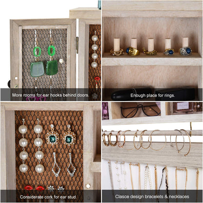 X-cosrack Rustic Mesh Hanging Jewelry Organizer Wall Mounted for Necklaces,Earings, Bracelets,Ring Holder,with Removable Bracelet Rod,Hooks,Wooden