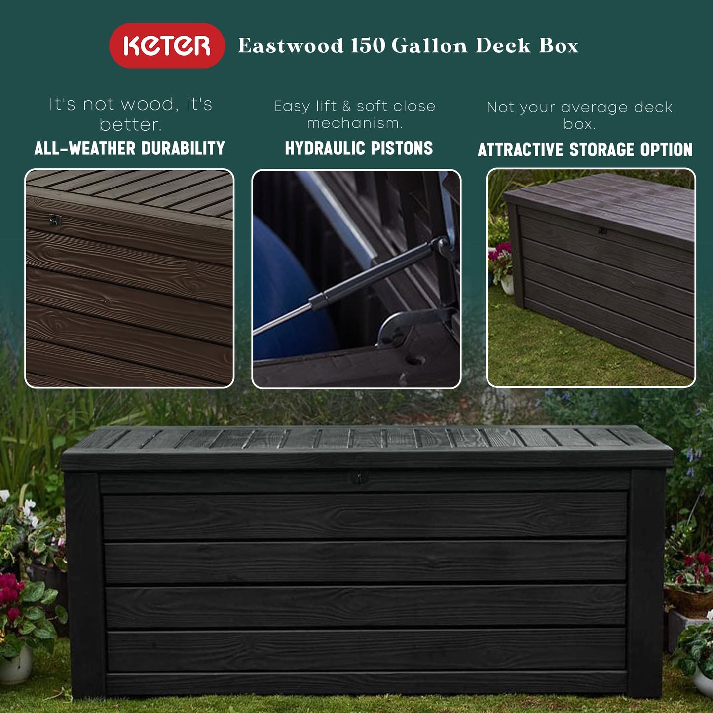 Keter Westwood 150 Gallon Plastic Backyard Outdoor Storage Deck Box for Patio Decor, Furniture Cushions, Garden Tools, & Pool Accessories, Espresso