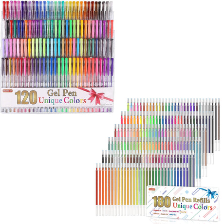Shuttle Art Gel Pens Bundle, 120 Unique Colors (No Duplicates) Gel Pens Set + 180 Gel Pen Refills, 7 Color Types for Kids Adults Coloring Books Shuttle Art