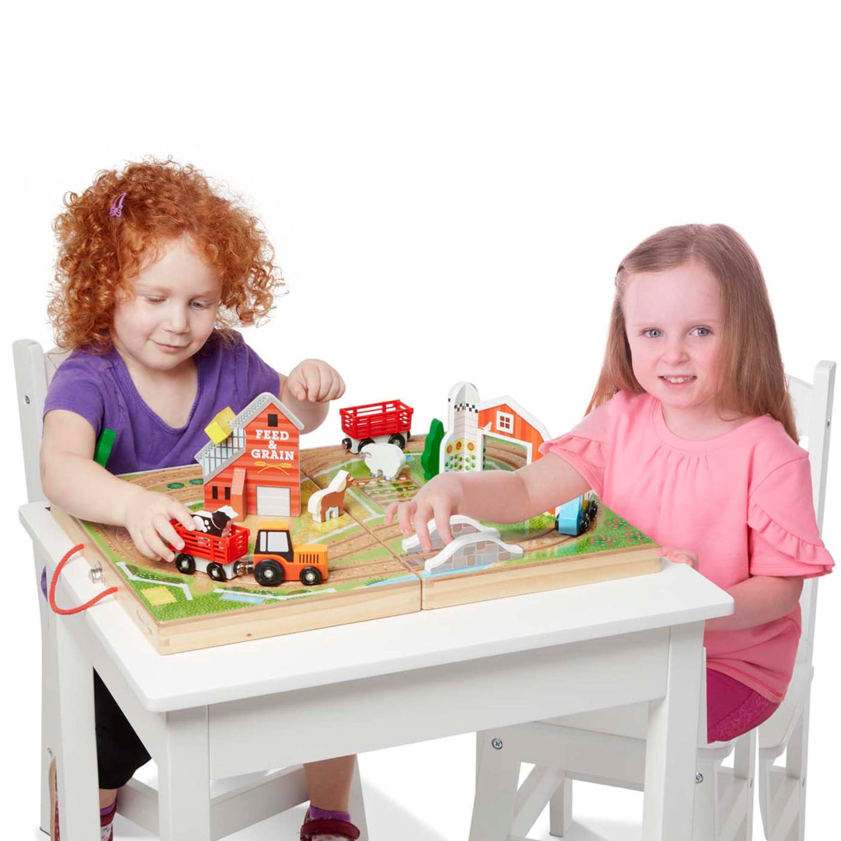 Melissa & Doug 17-Piece Wooden Take-Along Tabletop Farm, 4 Farm Vehicles, Play Pieces , Grain House - Take-Along Pretend Play Toy Barn Farm Toys For Melissa & Doug