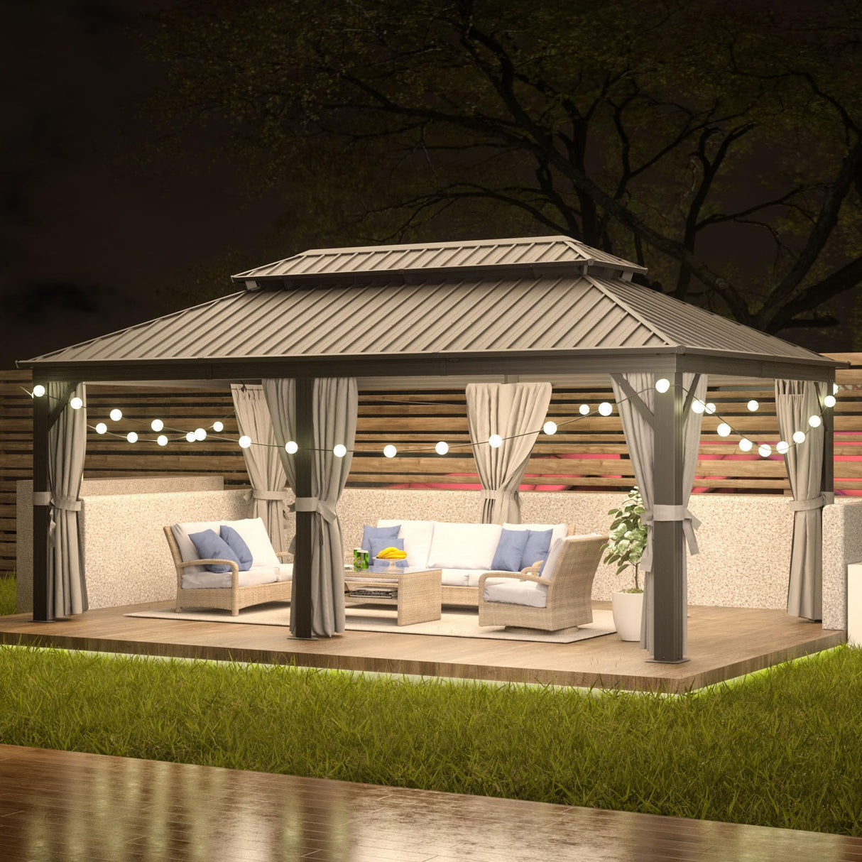 Aoxun 12' X 20' Hardtop Gazebo, Galvanized Steel Double Top, Aluminum Metal Gazebo with Curtains and Netting, Permanent Gazebo Pavilion for Wedding, Aoxun