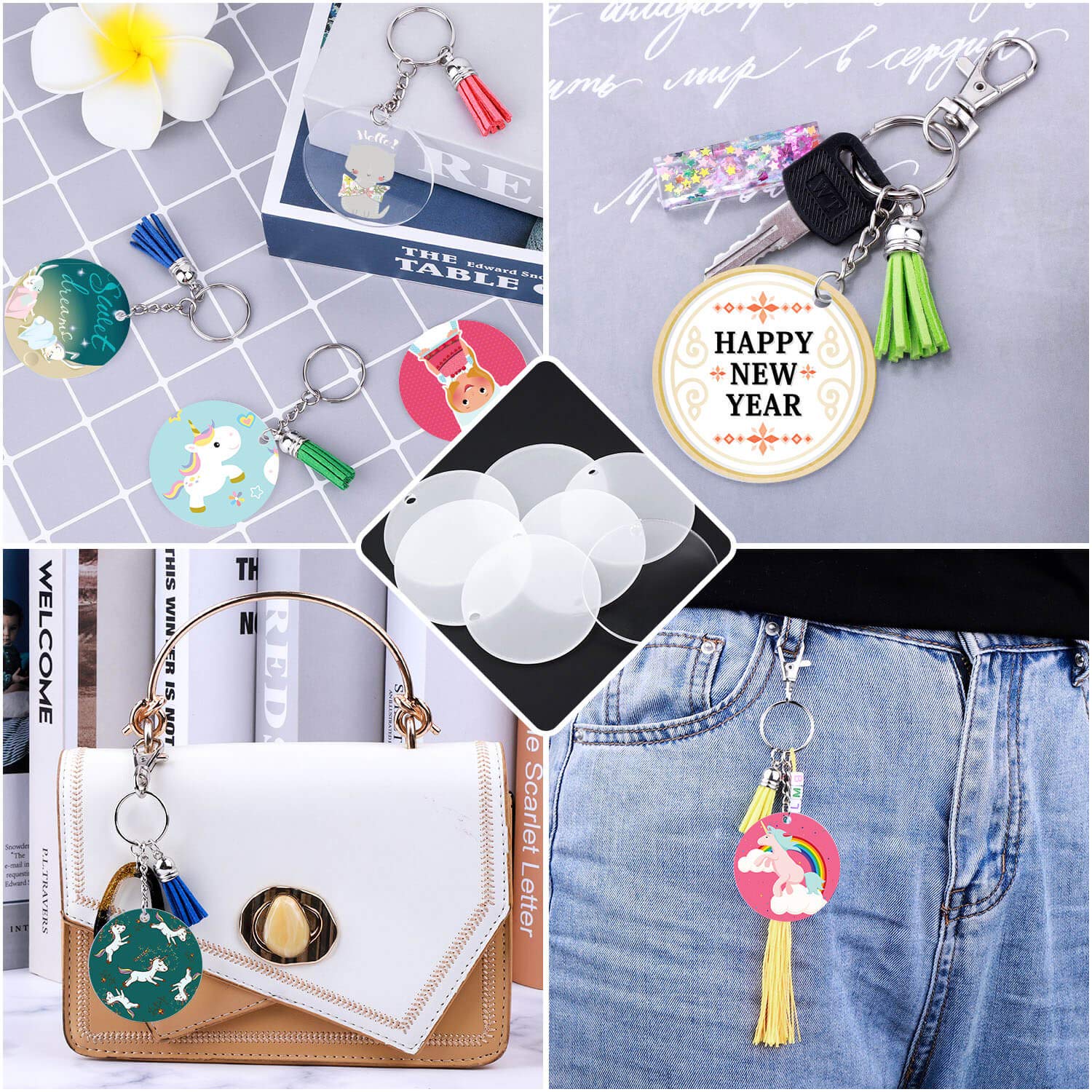 Audab 120pcs Acrylic Keychain Blanks for Vinyl Kit Including 30pcs Clear Acrylic Blanks, 30pcs Keychain Tassels, 30pcs Key Rings and 30pcs Jump Rings Audab