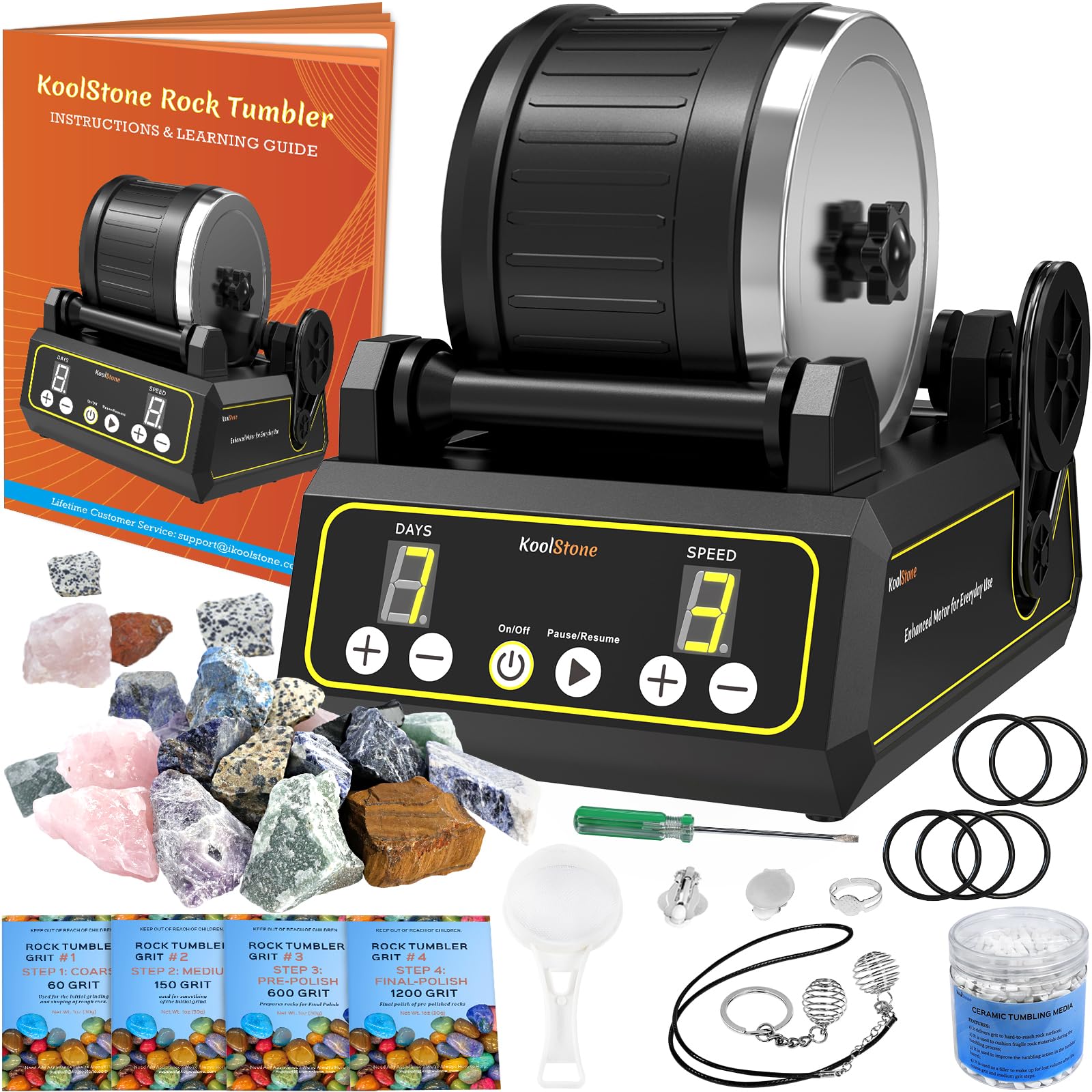 Large 2.5LB Professional Rock Tumbler Kit, 3-Speed Motor & 9-Day Timer, Rubber Barrel, Quiet Rotary Stone Polisher with 6 Belts, Rough Gemstones, 4 - WoodArtSupply