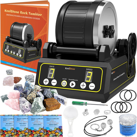 Large 2.5LB Professional Rock Tumbler Kit, 3-Speed Motor & 9-Day Timer, Rubber Barrel, Quiet Rotary Stone Polisher with 6 Belts, Rough Gemstones, 4 KoolStone