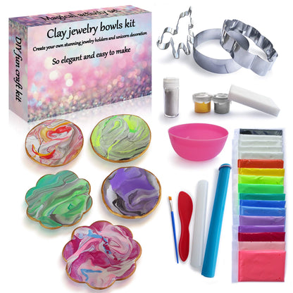 2Pepers DIY Clay Jewelry Dish Craft Kit, Make Your Own 5 Clay Bowls and Unicorn Decoration Arts and Crafts for Girls, Air Dry Clay for Kids, Unicorn - WoodArtSupply