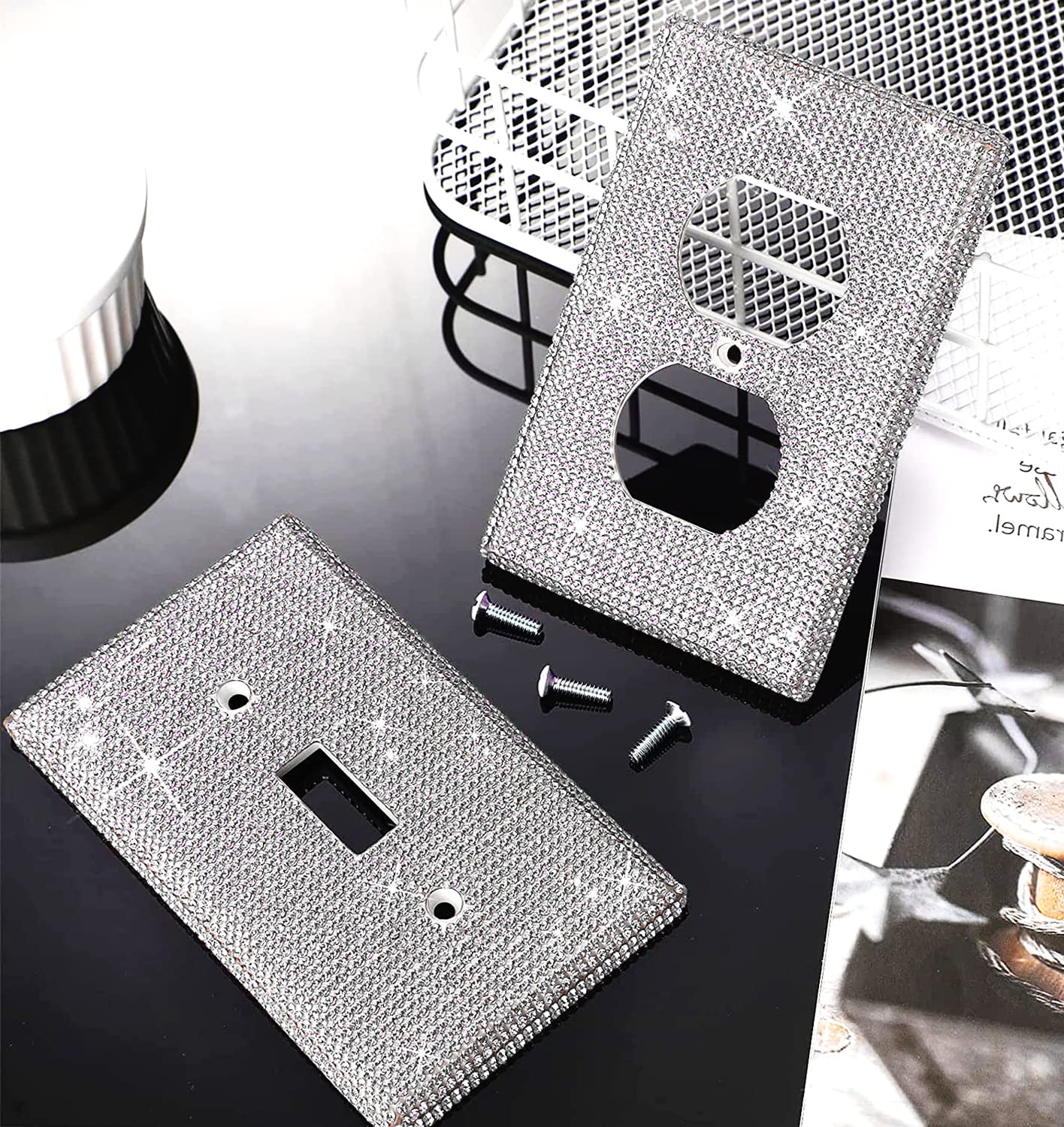4 Pack Silver Shiny Rhinestones Wall Plates Bling Light Switch Cover Plate Crystal Decorative Diamond Outlet Covers Durable Switch Covers Decor for DOPHZEEY