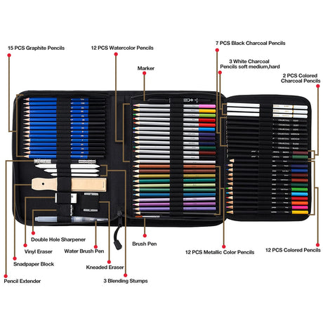 Prina 76 Pack Drawing Set Sketching Kit, Pro Art Supplies with 3-Color Sketchbook, Include Tutorial, Colored, Graphite, Charcoal, Watercolor & PRINA