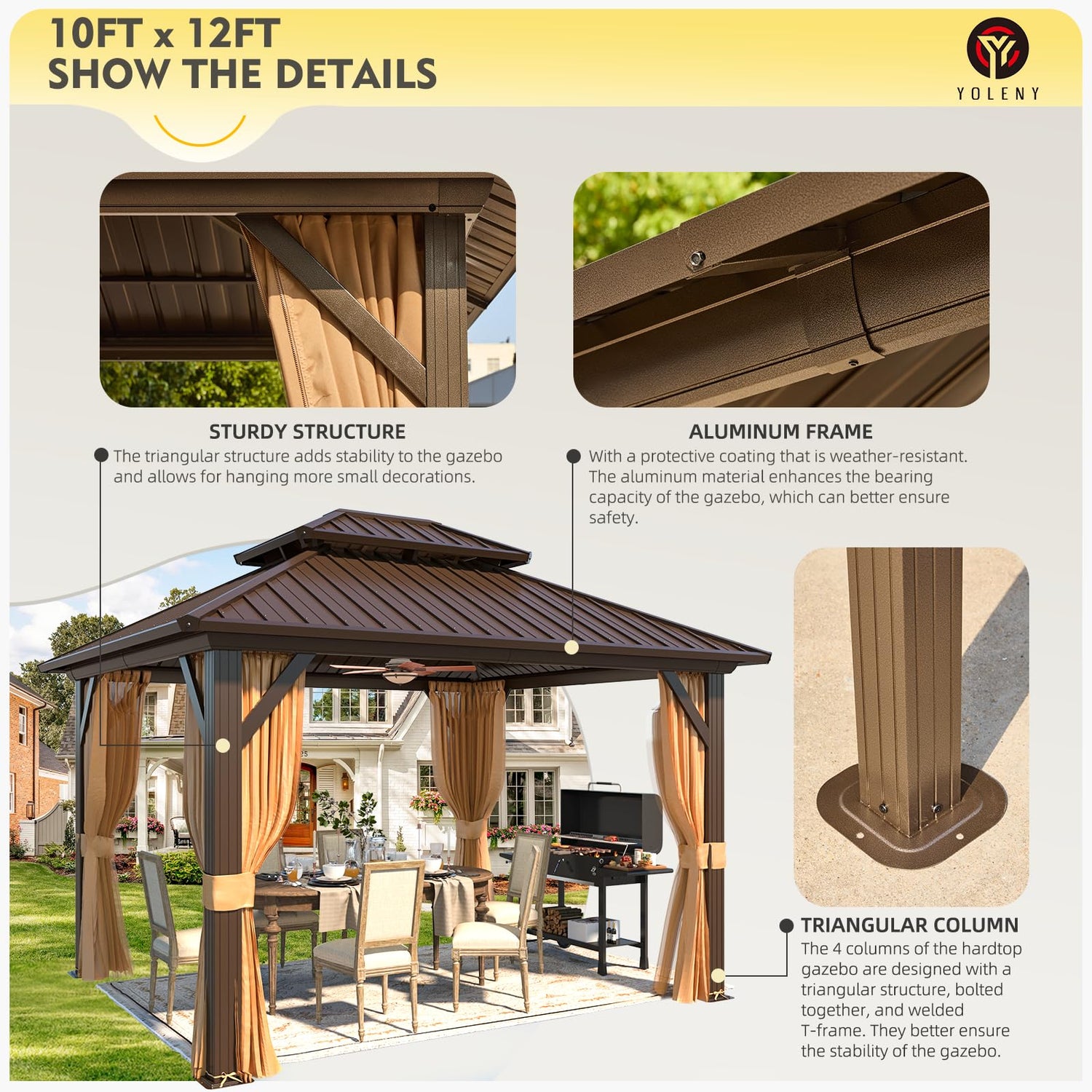 YOLENY 10' x 12' Hardtop Gazebo, Metal Gazebo with Aluminum Frame, Double Galvanized Steel Roof, Curtains and Netting Included, Pergolas for Patios, YOLENY