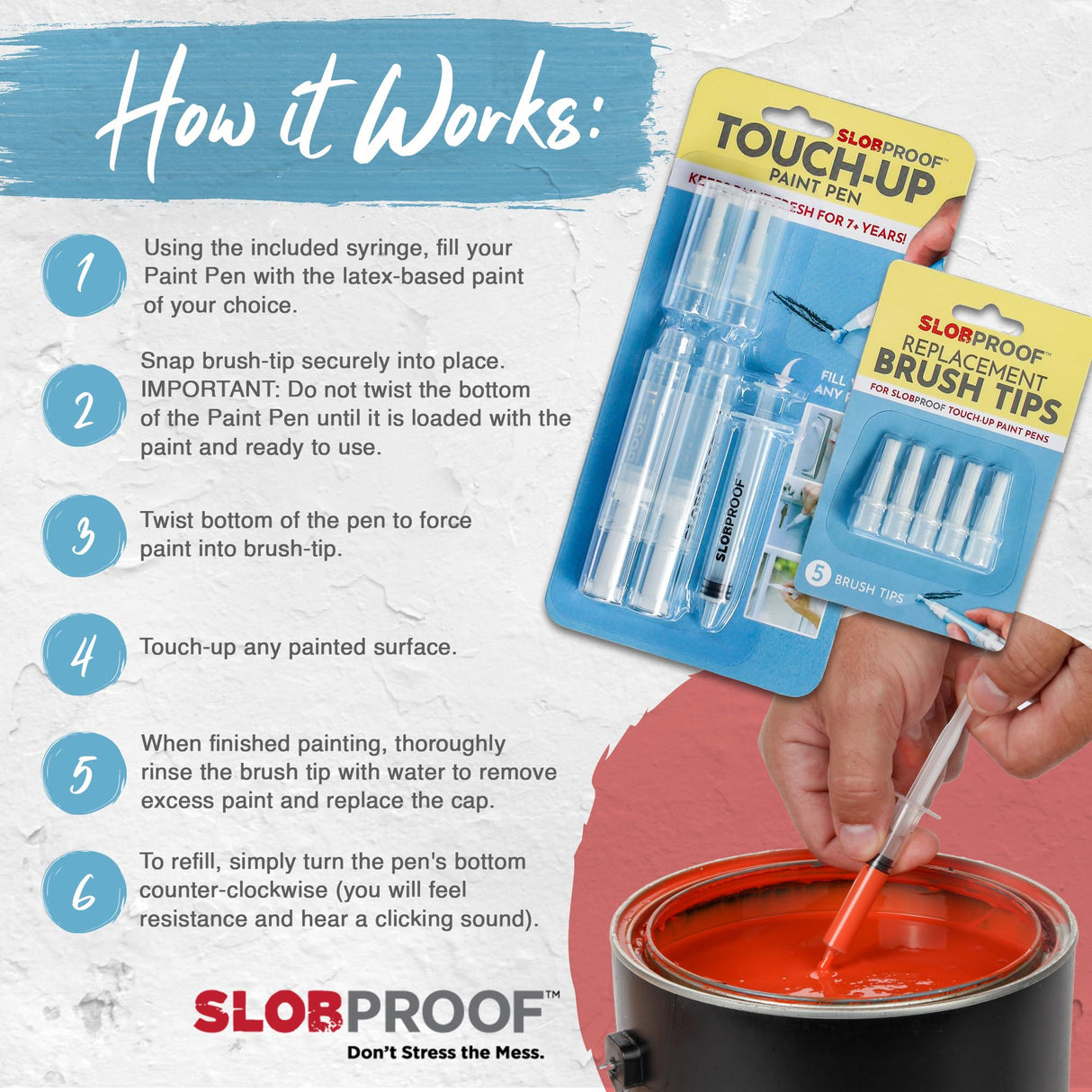 Slobproof Refillable Touch-Up Paint Pen 2 in 1 Pack and Replacement Brush Tips 5 in 1 Pack Bundle- Precision Small Paint Brushes for Touch-Ups on Slobproof