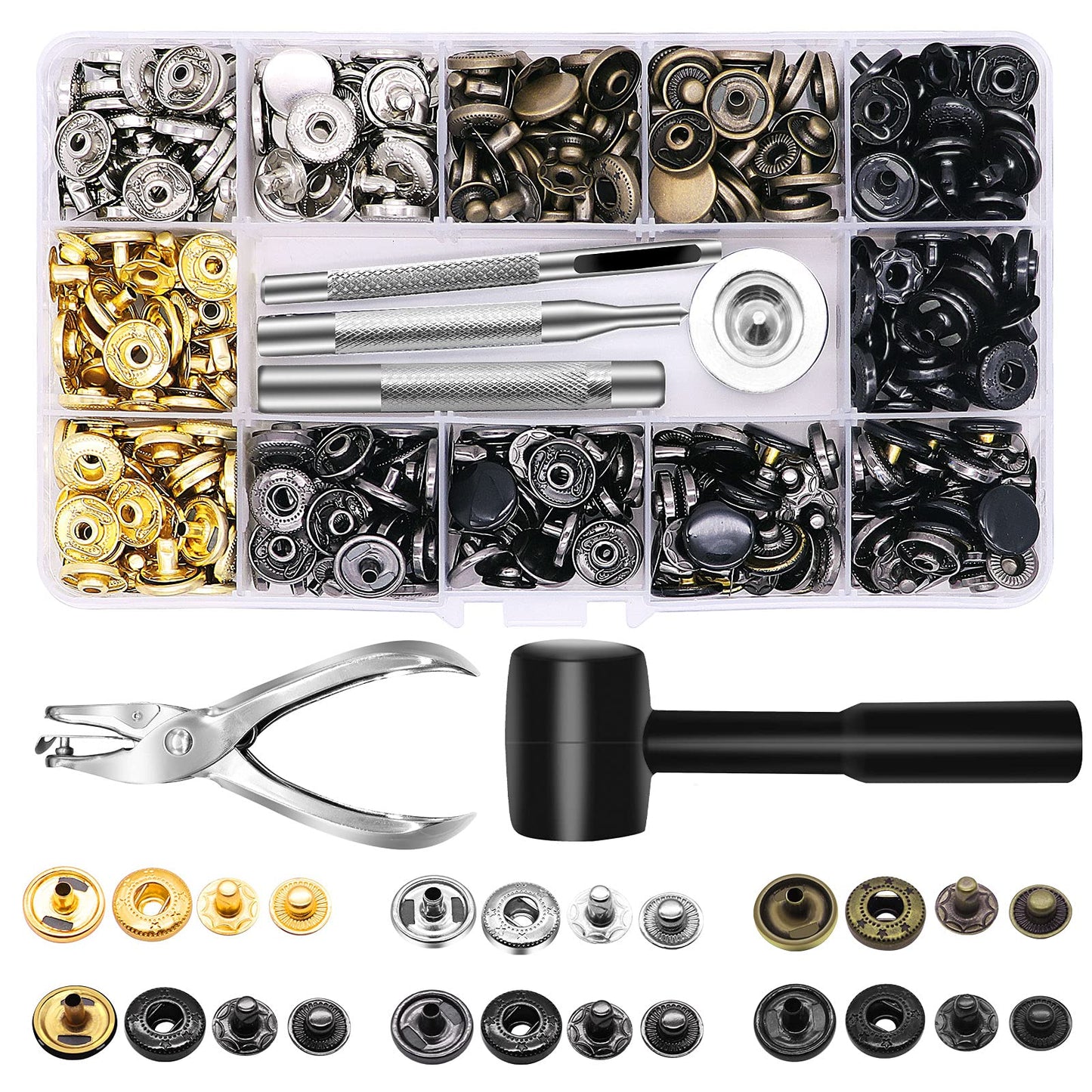 Alritz 120 Set Leather Snap Fasteners Kit with Hammer Puncher, 12.5mm Metal Button Snaps Press Studs with 4 Setter Tools for Clothes, Jackets, Jeans Wears, Bracelets, Bags