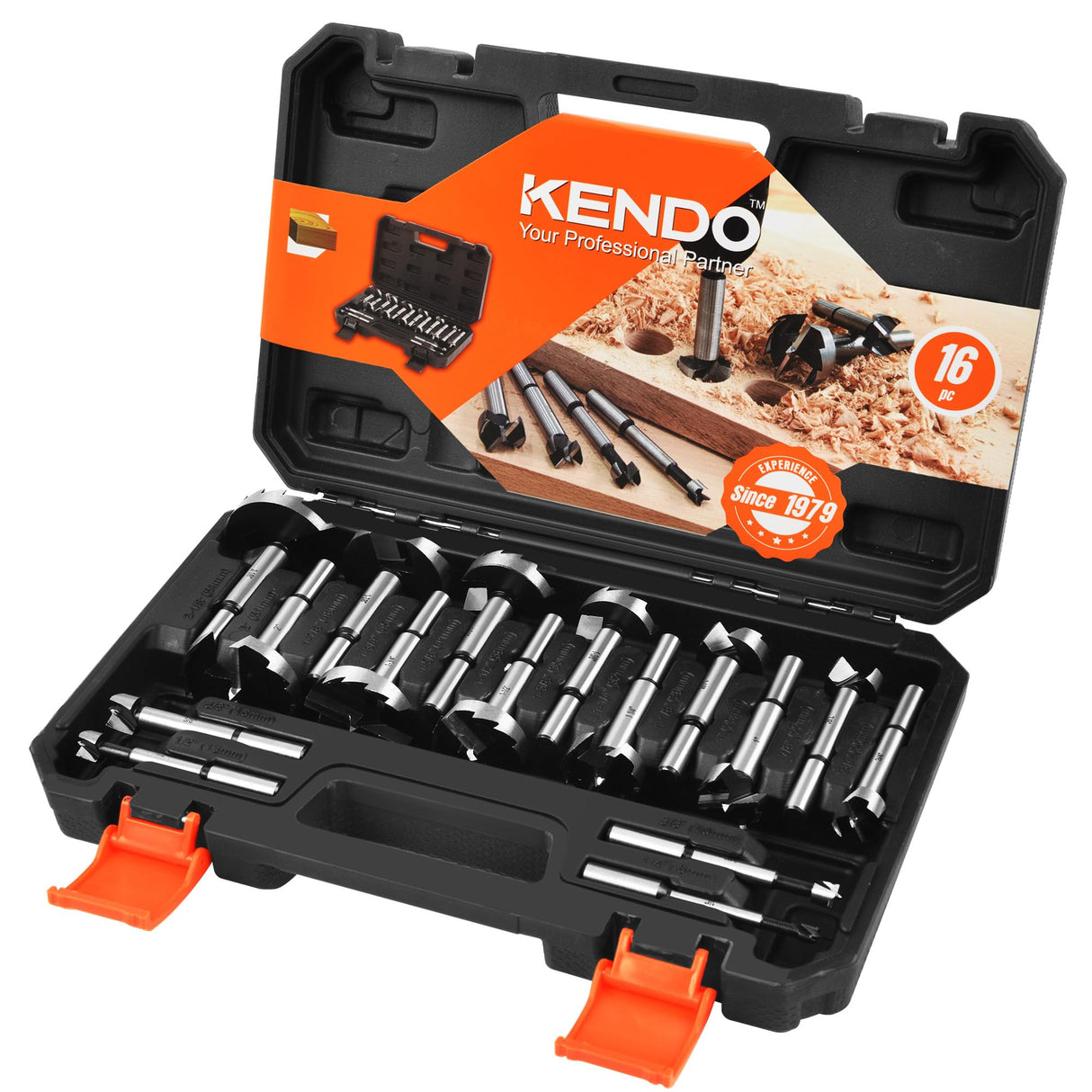 KENDO 16 Piece Forstner Bit Set, Made of Alloy Steel, Forstner Bits for Woodworking, Auger Opener Round Shank Drilling Cutting Tool for Hardwood, Kendo