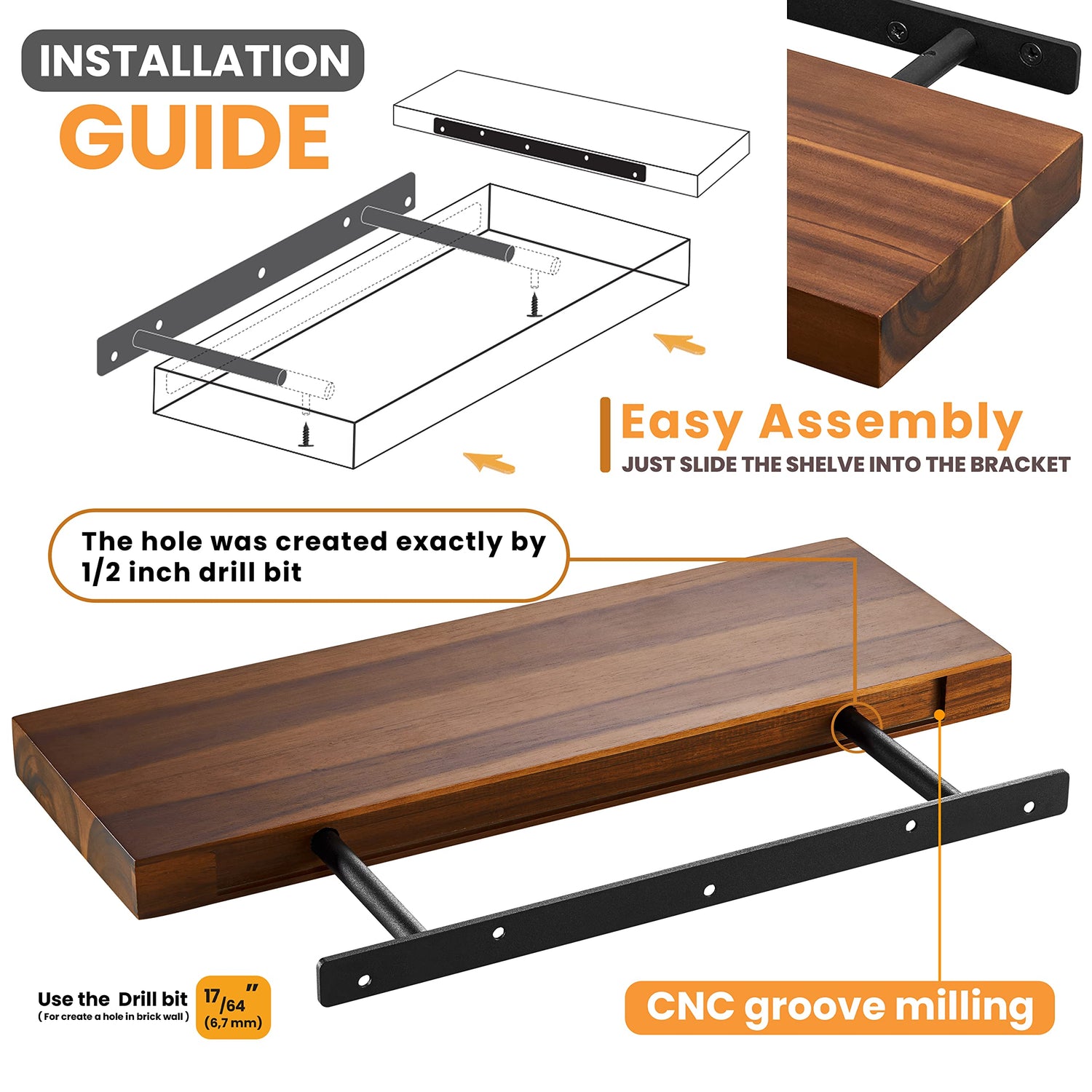 BATODA Set of 2 17" Acacia Wood Floating Shelves Wall Mounted – Rustic Farmhouse Wooden Wall Storage Shelf for Bedroom, Kitchen, Home Décor - BATODA