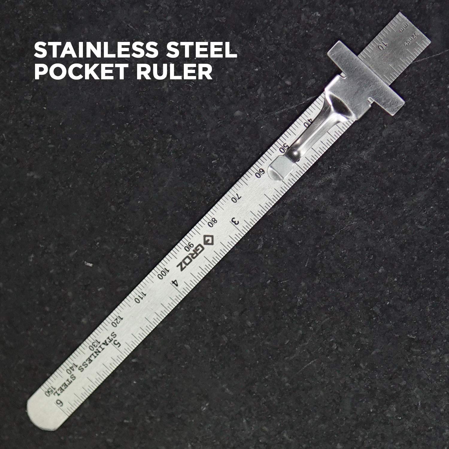 Groz 6-inch Pocket Ruler | Stainless Steel | Imperial & Metric Graduations (01337) Groz