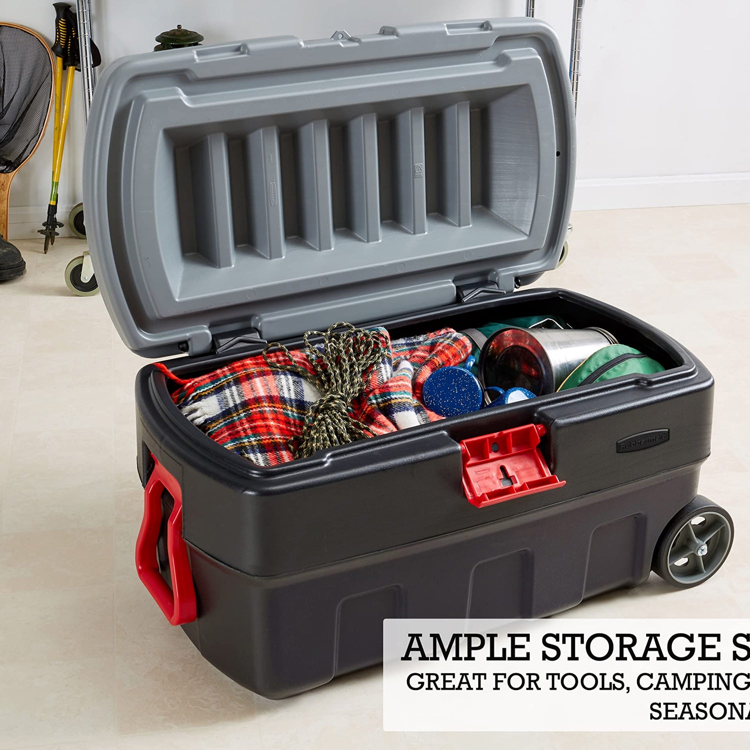 Rubbermaid ActionPacker 35 Gal Wheeled Lockable Storage Bin with Lid, Heavy-Duty Water Repellent Industrial Container with Built-In Durable Wheels, Rubbermaid