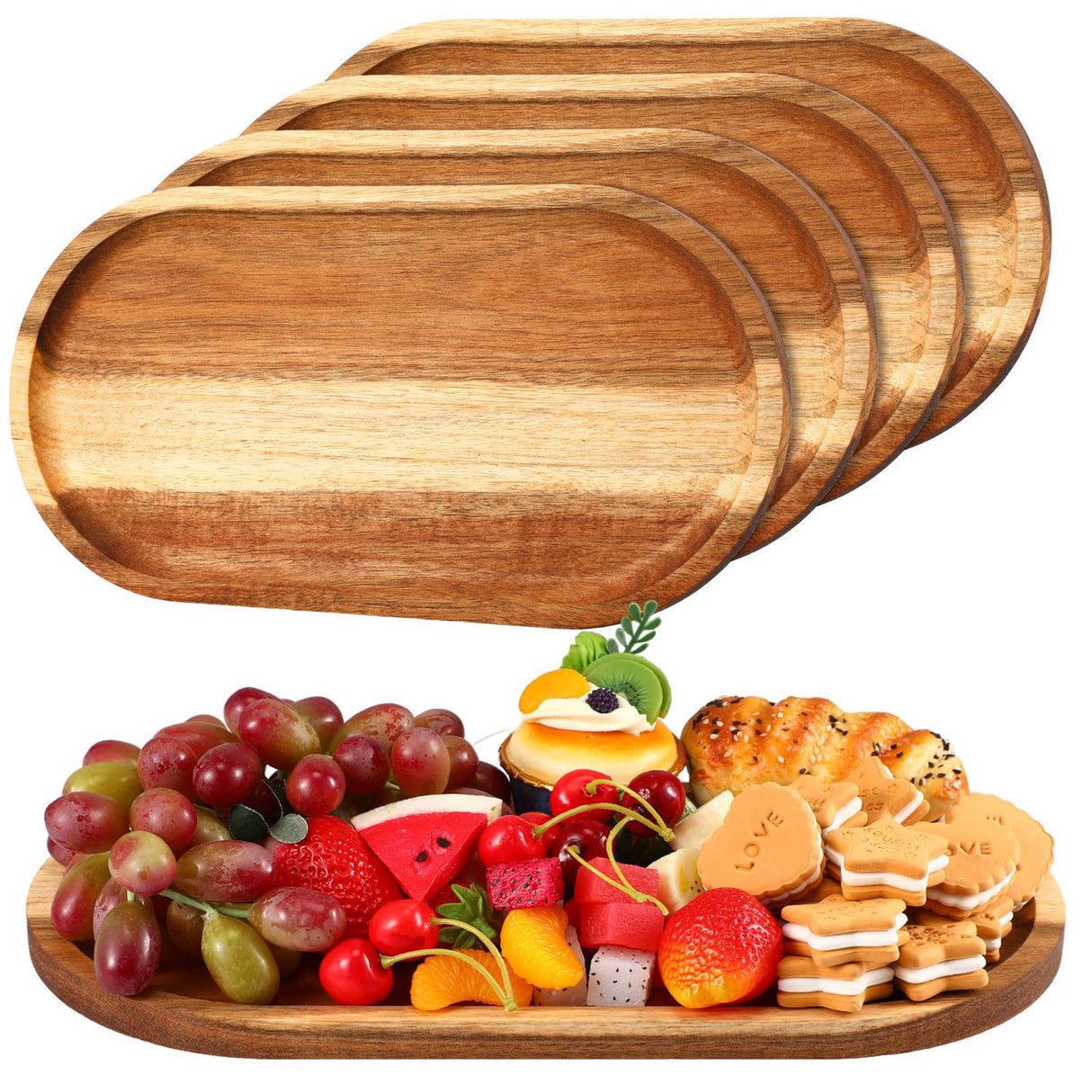 Yaomiao 4 Pcs Acacia Wooden Serving Tray Oval Shaped Rustic Wood Plates Large Decorative Natural Wooden Tray Wooden Serving Platter for Food Yaomiao