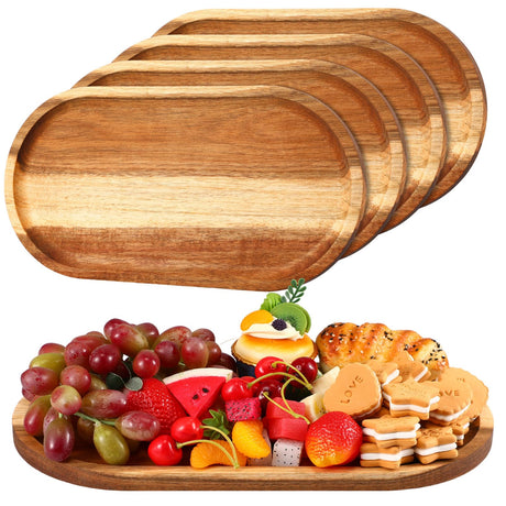 Yaomiao 4 Pcs Acacia Wooden Serving Tray Oval Shaped Rustic Wood Plates Large Decorative Natural Wooden Tray Wooden Serving Platter for Food Yaomiao