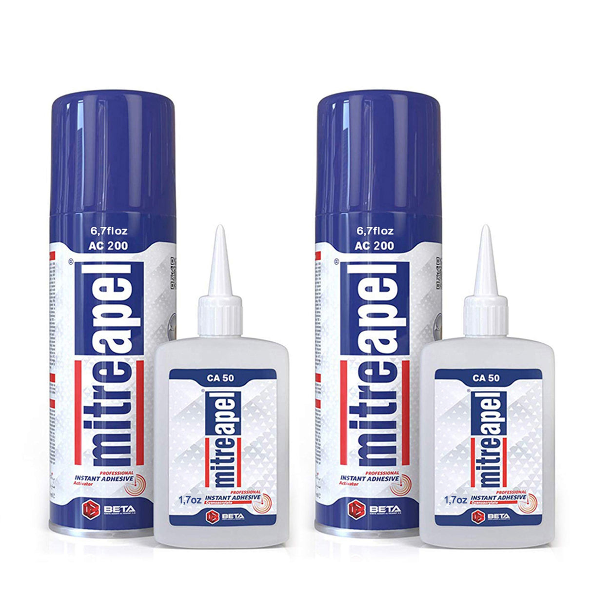 MITREAPEL Ca Glue with Activator (2 x 1.7 oz - 2 x 6.7 fl oz), Ca Glue for Woodworking, Cyanoacrylate Glue and Activator for Wood, Plastic, Metal, Mitreapel