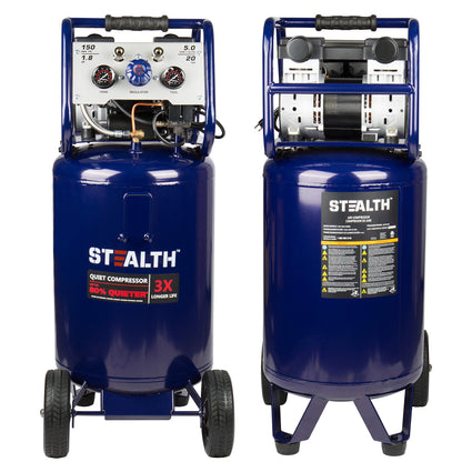 Stealth 20 Gallon Ultra Quiet Air Compressor,1.8 HP Oil-Free Peak 150 PSI 68 Decibel Air Compressor,5.5 CFM @ 40 PSI 5 CFM @ 90 PSI Silent Portable - WoodArtSupply