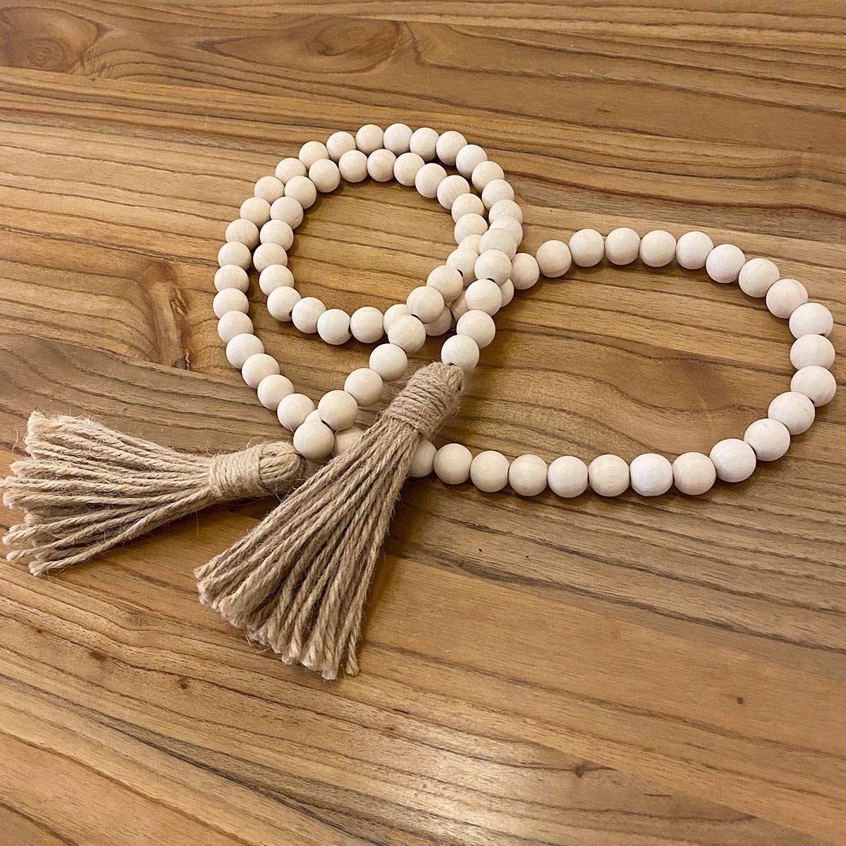 Farmhouse Beads 58in Wood Bead Garland with Tassels Rustic Country Decor Prayer Boho Beads Big Wall Hanging Decor - WoodArtSupply