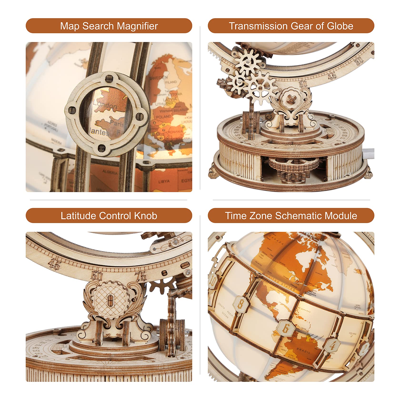 Illuminate Your Space with ROKR 3D Wooden Puzzle Globe Kit - 11.5 Inch Antique-Style with LED, Perfect Hobby Gift for Adults and Teens - WoodArtSupply