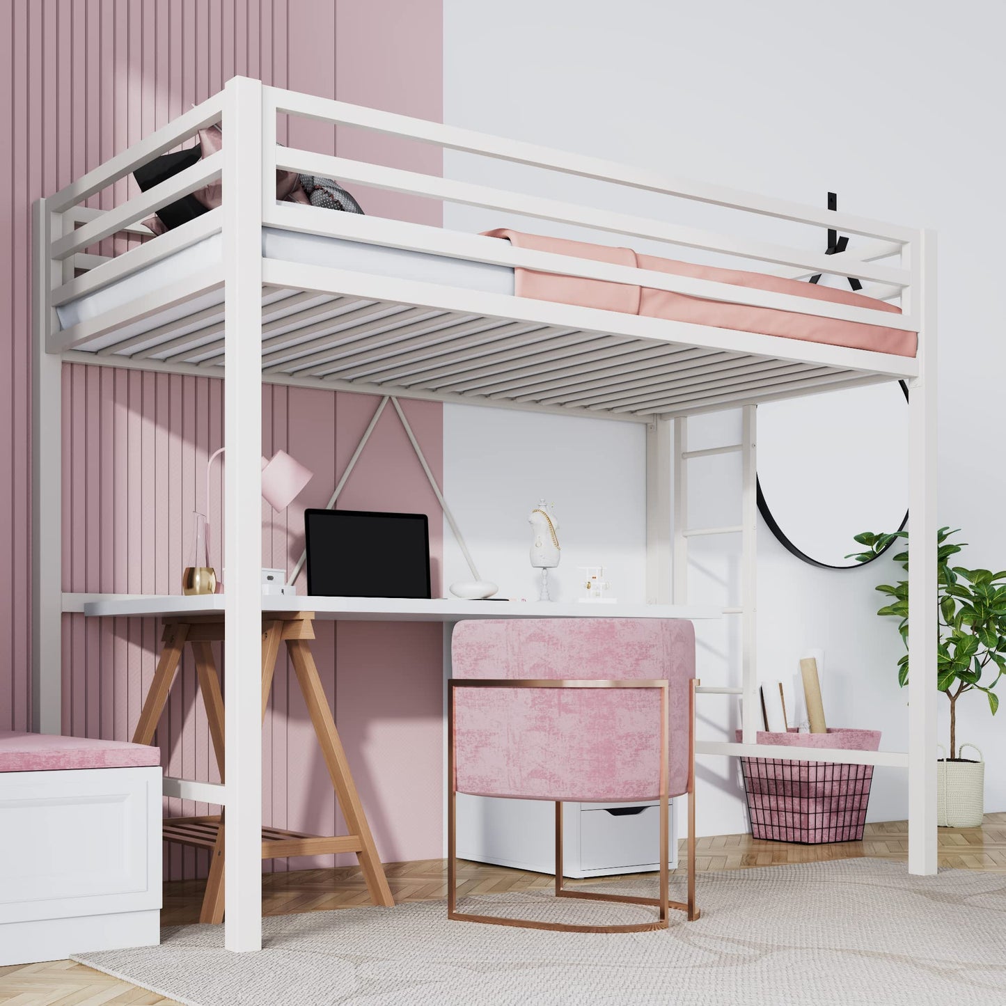 SHA CERLIN Heavy Duty Twin Loft Bed Frame with Removable Stairs and Full-Length Guardrail - WoodArtSupply