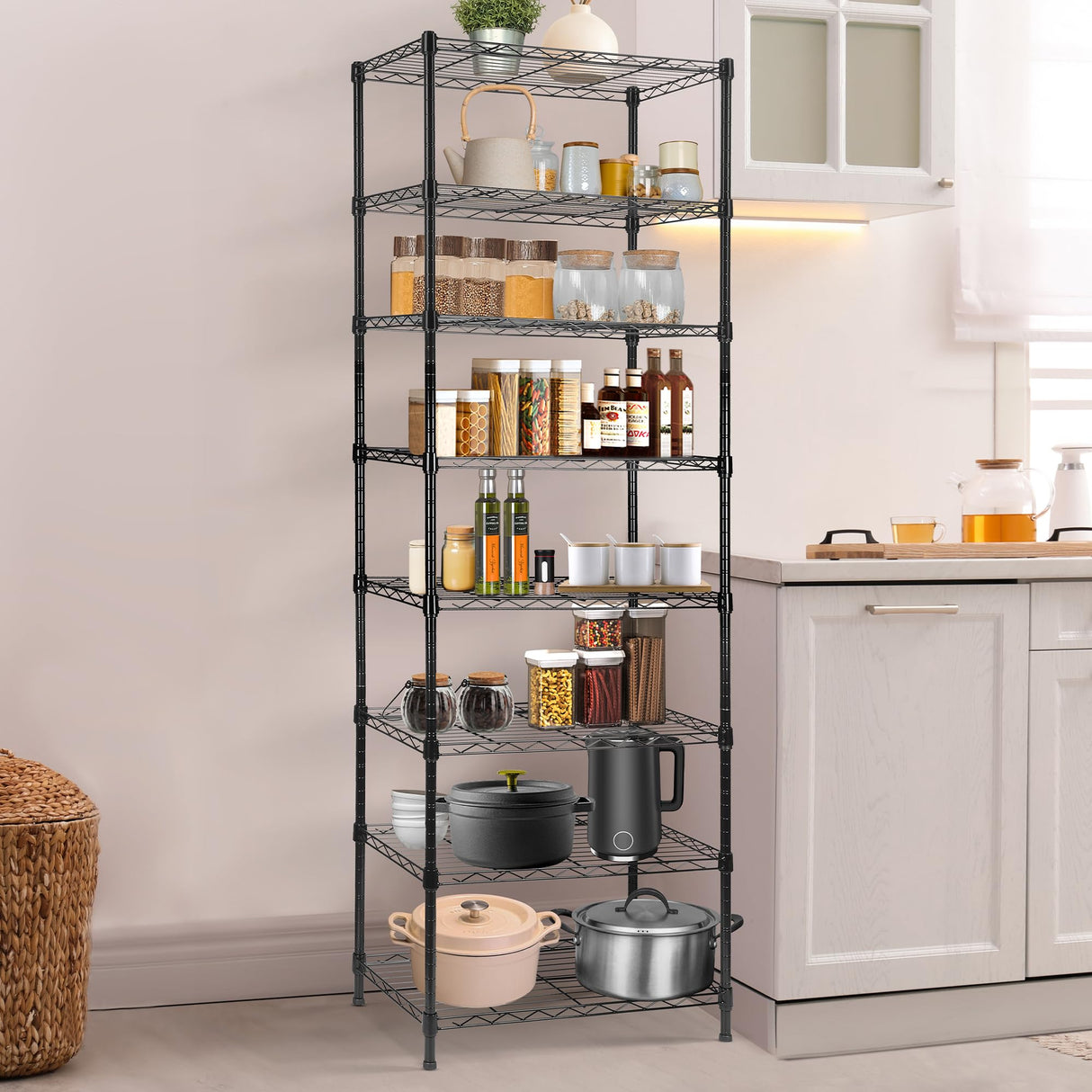 REGILLER 8-Wire Shelving Metal Storage Rack Adjustable Shelves,Standing Storage Shelf Units for Laundry Bathroom Kitchen Pantry Closet (Black,23.9L x REGILLER