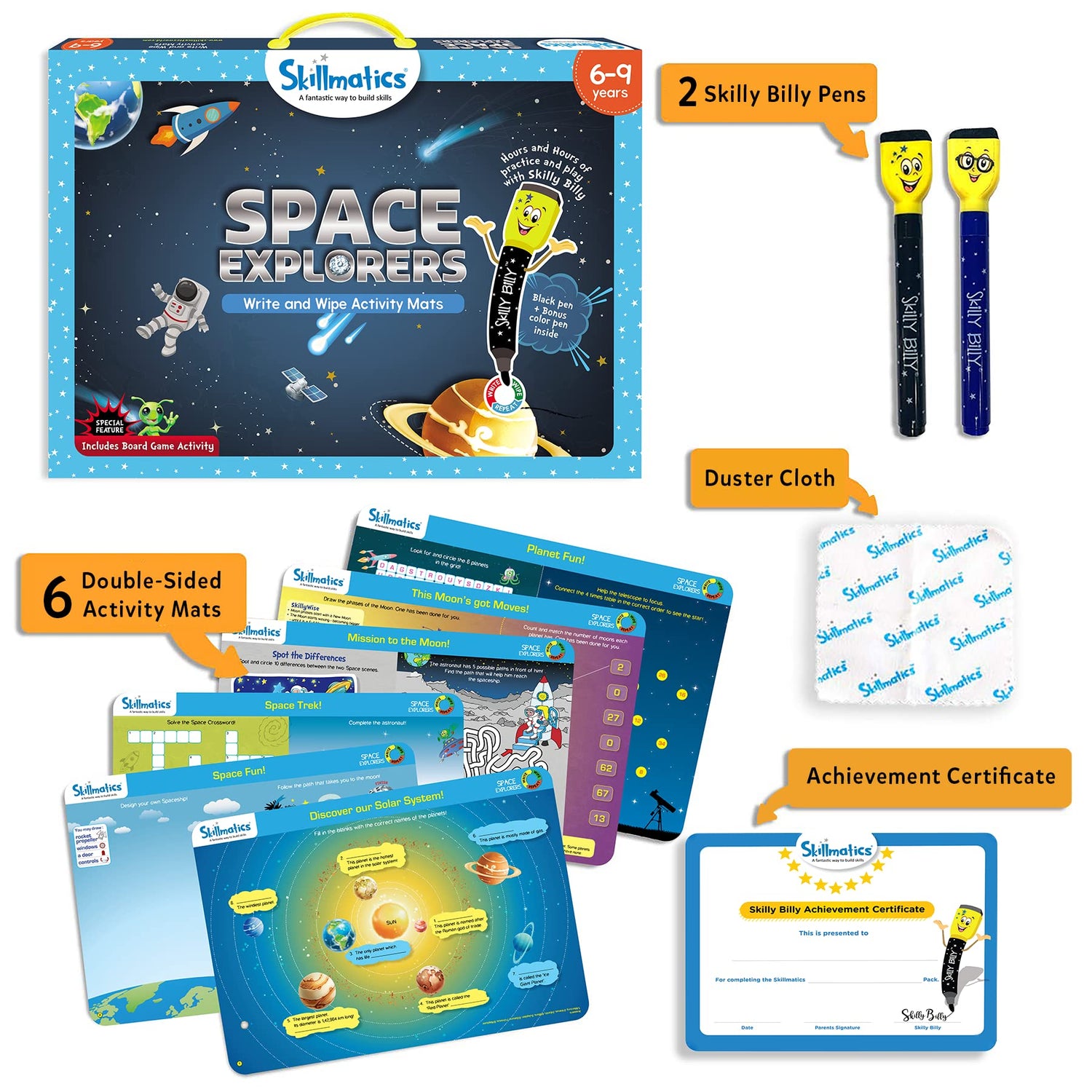 Skillmatics Educational Game - Space Explorers, Reusable Activity Mats with 2 Dry Erase Markers, Gifts for Ages 6 to 9 Skillmatics