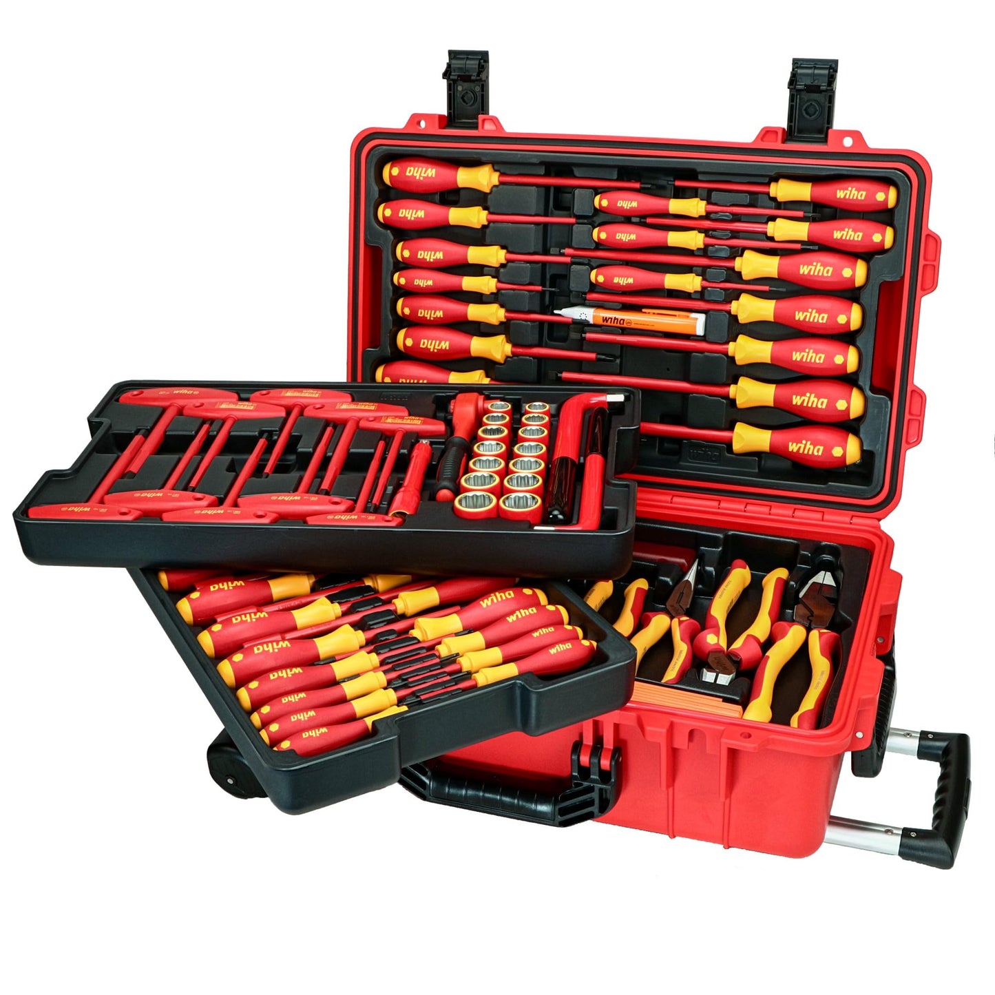 Wiha 32800 Insulated Tool Set with Screwdrivers, Nut Drivers, Pliers, Cutters, Ruler, Knife and Sockets in Rolling Tool Case, 10,000 Volt Tested and