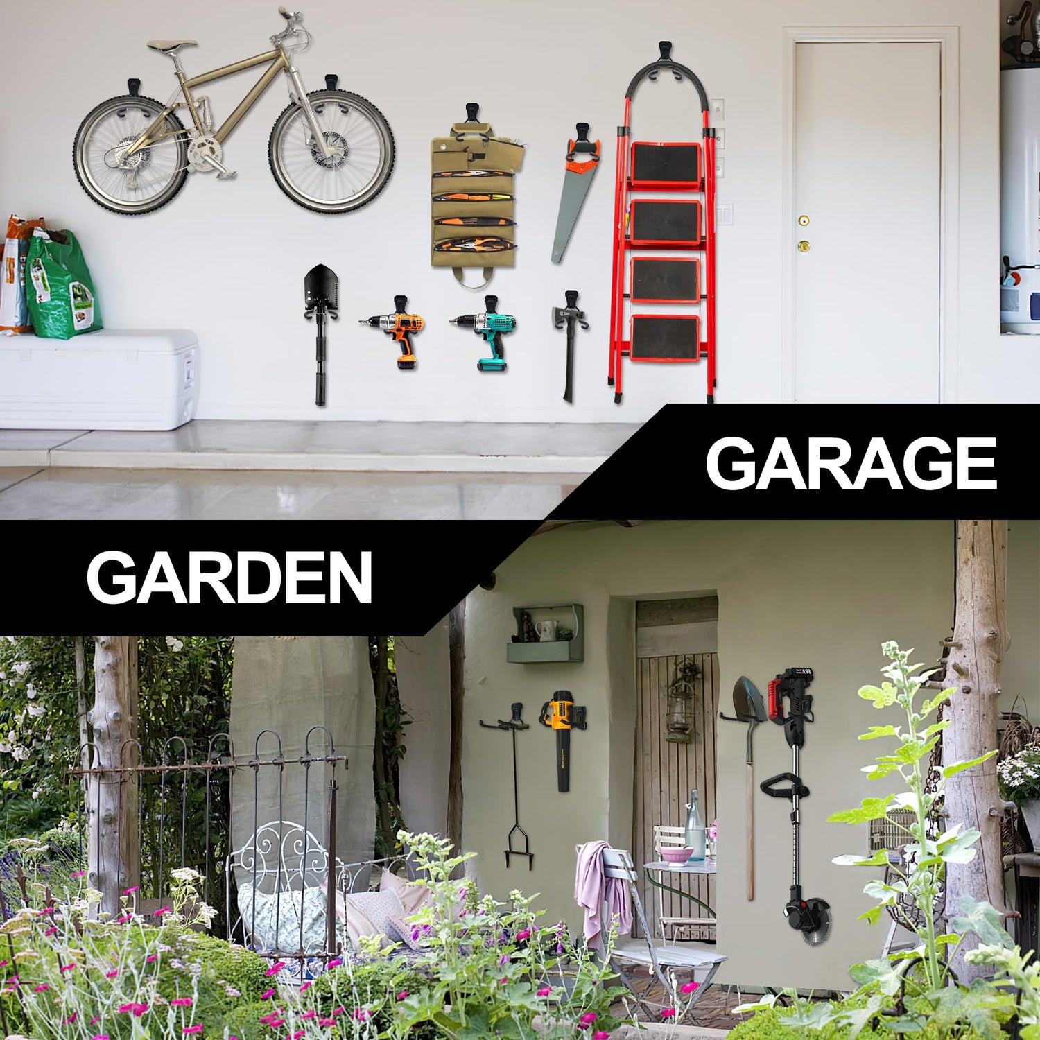 Heevir Garden Power Tool Hanger - 4Pcs Steel String Trimmer Holder Wall Mount, Grass Trimmer Organizer, Weed Eater Rack Garage Storage Hook for Weed Heevir