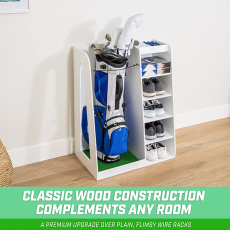 GoSports Premium Wooden Golf Bag Organizer and Storage Rack – Black, Brown, and White GoSports
