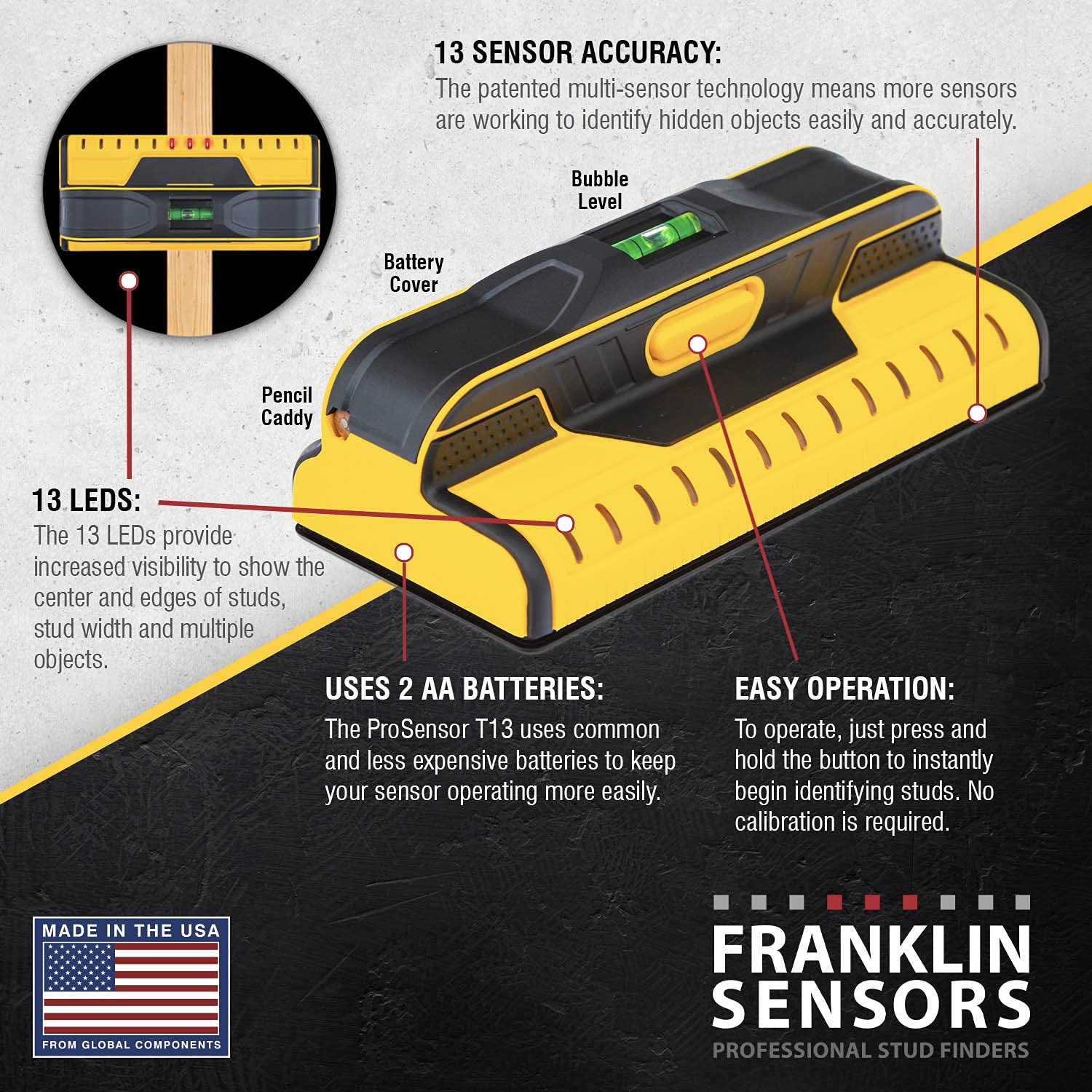 Franklin Sensors FST1302 ProSensor T13 Professional Stud Finder with 13-Sensors for the Highest Accuracy Detects Wood & Metal Studs, High Accuracy Franklin Sensors Professional Stud Finders