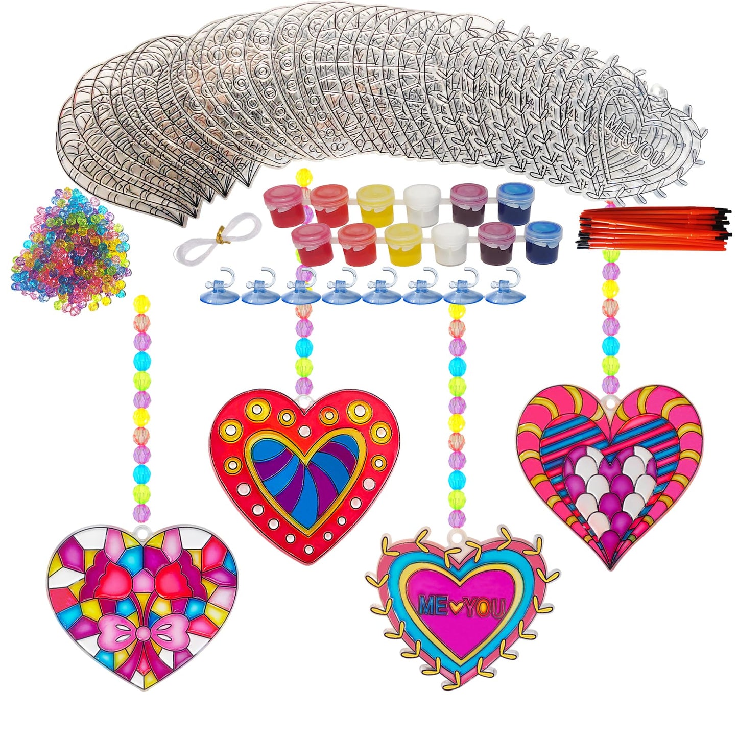 28 Sets Heart Suncatchers for Windows Valentine's Day Suncatcher Craft Kits DIY Window Paint Art Heart Sun Catchers for Classroom Art Craft Mother's
